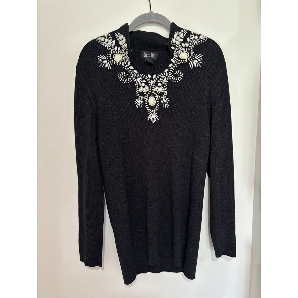 Objets D’Art Embellished Sweater Black Beaded Neckline Statement Top Cotton L